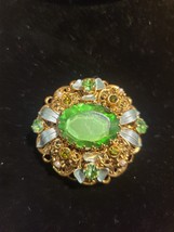 Vintage West Germany Filigree Czech Green Rhinestone Gold Tone Brooch Large - $933.08 MXN