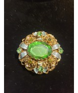 Vintage West Germany Filigree Czech Green Rhinestone Gold Tone Brooch Large - $916.54 MXN