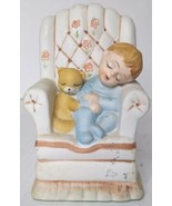 Ceramic Blonde Boy &amp; Brown Teddy Bear Sleeping In Chair. Blue Pajamas Fi... - £5.94 GBP