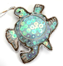 Aqua Turtle Ornament Iridescent Sequins Beaded Bling Double Sided Tropical Honu - £6.36 GBP