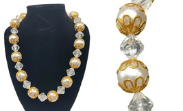 Faux Pearl Necklace Chunky Costume Gold Crystal Tone Italian Art Glass Style Vtg - $37.15