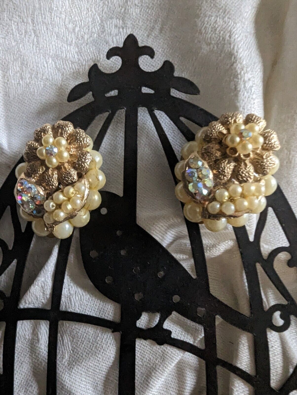 Vintage Faux Multicolored Rhinestones Encircled in Faux Pearl Clip-On Ea... - $17.82