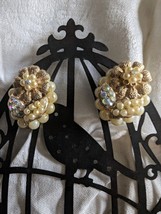 Vintage Faux Multicolored Rhinestones Encircled in Faux Pearl Clip-On Ea... - £14.19 GBP