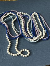 Long Tiny Iridescent Light Blue Lavender &amp; White Plastic Bead Necklace – 34-42 i - £8.85 GBP