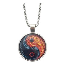 Necklace Yin Yang Fire Flames Domed Glass Cabochon 24 Inch Stainless Steel Chain - £11.06 GBP