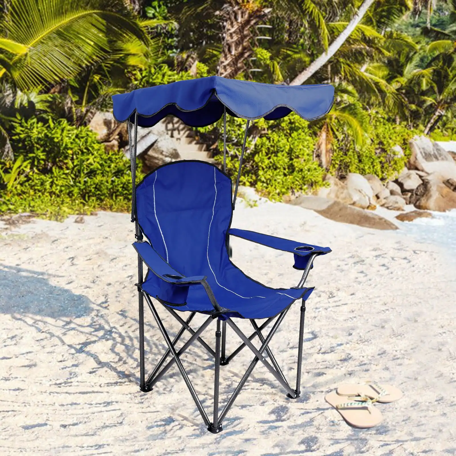 Oversized Folding Camping Chair with Shade Canopy, Heavy Duty Steel Frame with - £77.52 GBP
