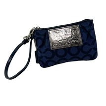 Coach Wristlet Wallet Navy Blue Poppy Signature C canvas silver stamp coin purse - £26.27 GBP
