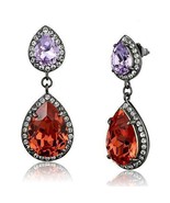 Gunmetal Black Plated Stainless Steel Orange and Lavender Crystal Teardrop Ea... - £17.57 GBP