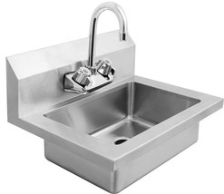 WALL MOUNT HAND SINK STAINLESS W FAUCET WIDER 18&quot; W X 14.5&quot; D FREE SHIP - £165.13 GBP