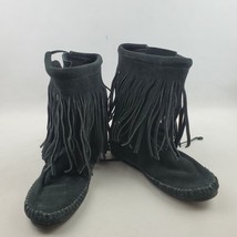 Black Leather Fringe Moccasins Womens Size 6.5-7 Handmade Hook And Loop ... - £15.29 GBP