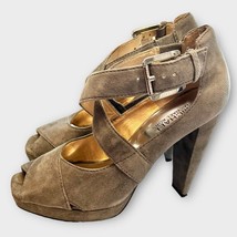 MICHAEL KORS gray suede platform peep toe strappy heels size 8 - £29.57 GBP