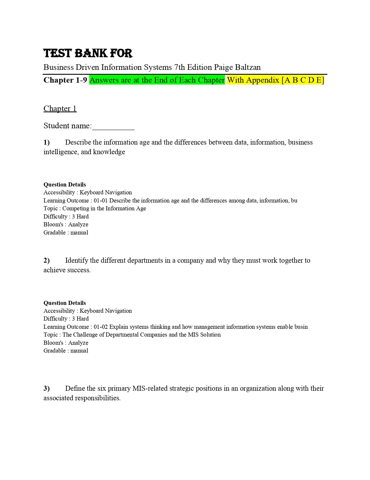 Test Bank For Business Driven Information Systems 7th Edition by Paige B... - $17.99