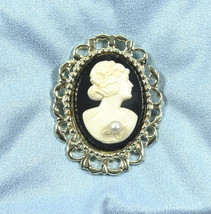 Cameo Brooch Pendant Pin White on Black Faux Pearl Silver Filigree Setting - $19.95