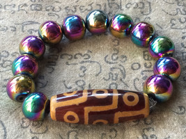 Nine-Eyes Dzi with Rainbow Leklai Bracelet, Rare Tibetan Bead, Pure Agat... - £39.86 GBP