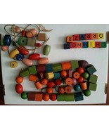 Vintage and Antique 76 WOOD BEADS colorful with old STRING tOY - $67.22 CAD