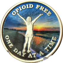 Opioid Free One Day At A Time Medallion Girl On Beach Sunrise Chip - £7.16 GBP