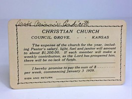 1909 , Christian Church of COUNCIL GROVE, KS. Offering Card. ~ Minnie En... - £15.63 GBP