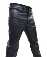 Men&#39;s Black Genuine Leather Pants Biker Jeans Sleek And Sexy 501 Style T... - $103.54
