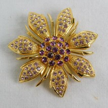Gold Tone Flower w/Purple Rhinestones Brooch Pin Spring Mothers Day Shiny Summer - £19.13 GBP