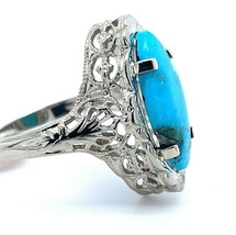 14k Gold Art Deco Genuine Natural Turquoise Marquise Filigree Ring (#J5187) - £541.98 GBP