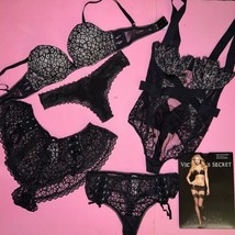 Victoria&#39;s Secret 32B Bra Set+Thong+Shorts+Teddy ONE-PIECE Black Lace Very Sexy - £157.68 GBP