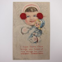 Antique Christmas Card Girl White Coat Hat Red 3D Pom Poms Holds Doll Snow 1912 - £8.01 GBP