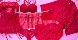 Victoria&#39;s Secret 34A Bombshell Bra Set+M Garter Slip+Skirt+Robe Red Shine Strap - £229.48 GBP