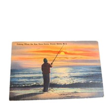 Postcard Fishing When The Sun Goes Down Ocean Grove New Jersey Linen Posted - $5.73