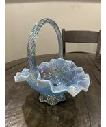 Vtg Fenton Basket Blue Iridescent Opalescent Fan Scalloped Glass Crimped... - $110.89 CAD