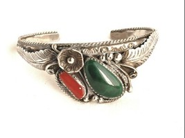 Native American Signed Green Turquoise Red Coral Sterling Silver 925 Sweater... - £205.82 GBP