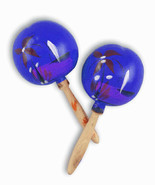 PAIR OF BLUE WOODEN MARACAS PAINTED TROPICAL DECORATION - $16.71