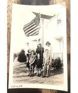 Family American Flag B&amp;W Photo Patriotic 1940s House Yard Pretty Girls Boys - $19.79