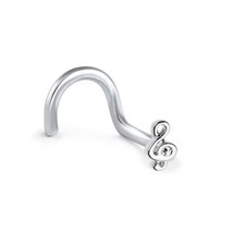 14K White Gold-Plated Silver Mini Music Note L-Bend Nose Hoop Stud Pin 20 Gauge - £36.95 GBP