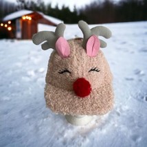 Womens Hat Pink Sleepy Reindeer Sherpa Christmas Baseball Hat Antlers NEW - £19.88 GBP