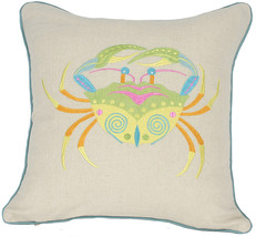18&quot; x 18&quot; Beige and Aqua Crab Linen Blend Zippered Pillow With Embroidery - £50.89 GBP