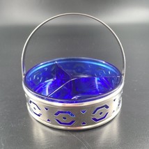 Colbalt Blue 3 Sectioned Dish With Stainless Steel Holder Candy Nut - $21.95