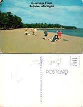 Michigan Bellaire Greetings People Kids on the Beach Sand Lake Vintage Postcard - £7.37 GBP