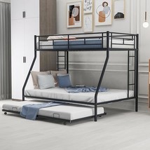 Twin Over Twin Bunk Bed With Trundle, Heavy Duty Bunk Beds Frame With Safety Gua - £420.20 GBP