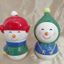 Pair Of Smiling Snowman Salt &amp; Pepper Shakers Set Holiday Christmas Ceramics... - £8.69 GBP