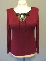 TAHARI Maroon Long Sleeve Lacey Keyhole Bowtie Neckline Pullover M EUC - £19.60 GBP