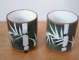 Vintage Pair 2 Japanese Porcelain Green Bamboo Glazed Tea Sake Cups Bowl... - $39.99
