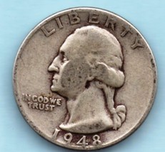 1948 Washington Quarter - Circulated - Silver 90% Moderate Wear - £6.39 GBP