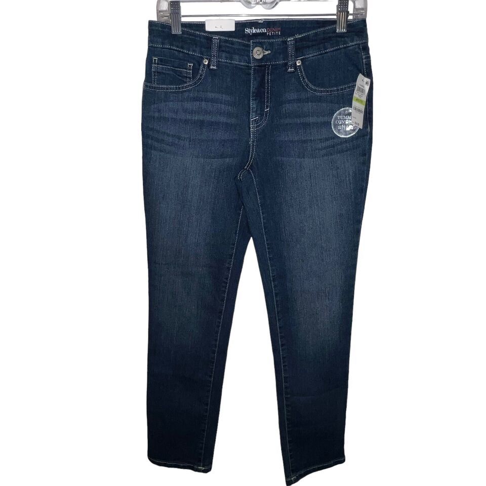 Style &amp; Co Tummy Control Higher Rise Slim Leg Dark Wash Blue Jeans Women... - $14.03