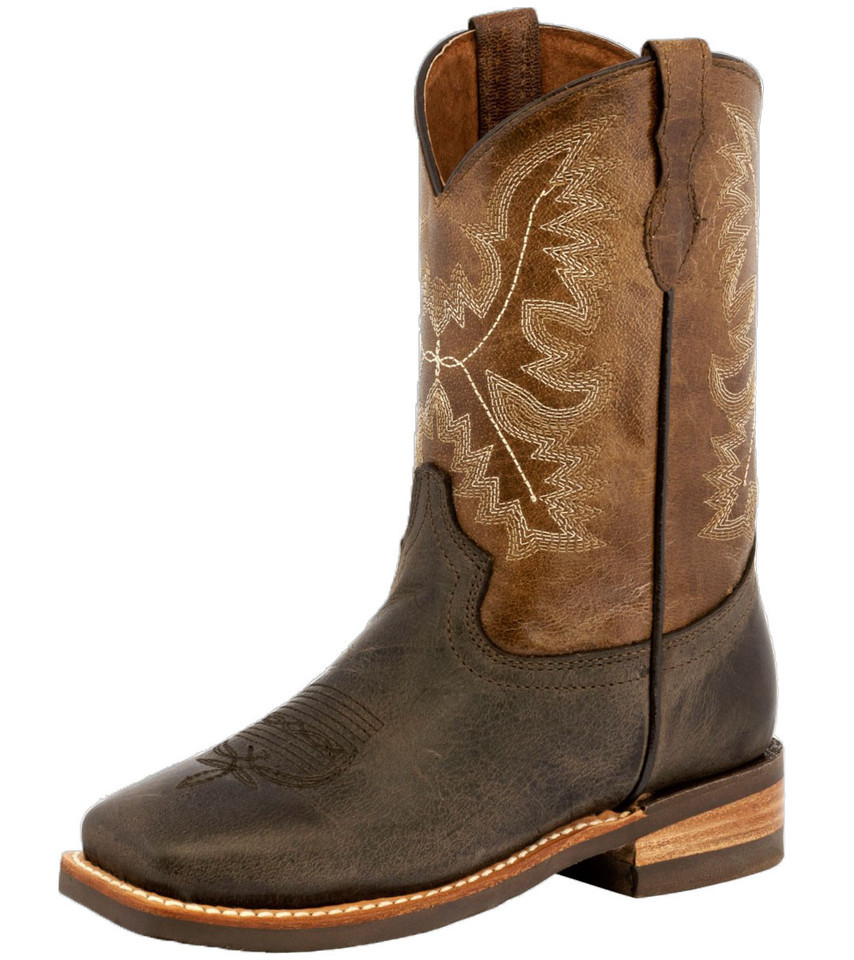 Kids Unisex Real Leather Cowboy Boots Brown Square Botas Rancho Size 9, ... - $54.99