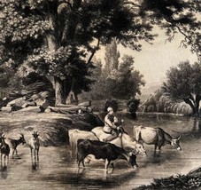 Summer Farm Animals Ox Goat Engraving 1860s Victorian Family Outdoors Art DWEE18 - £54.85 GBP