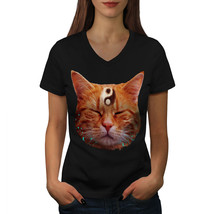 Meditation Zen Cat Shirt Yin Yang Women V-Neck T-shirt - $12.99