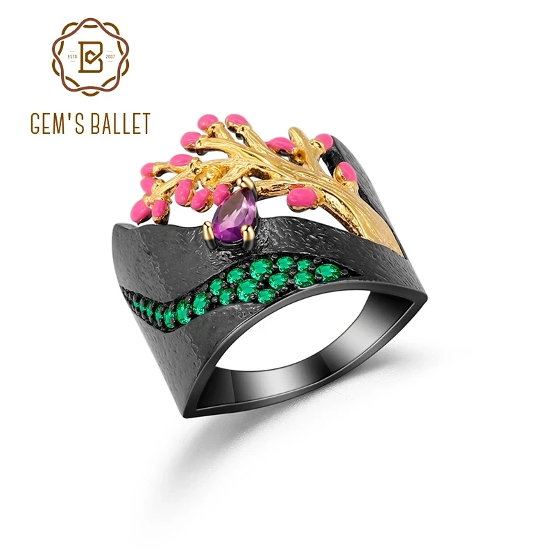 GEM&#39;S BALLET 925  Silver Enamel Craft Ring  Tree Flowers Stream  Amethyst Ring f - £53.87 GBP