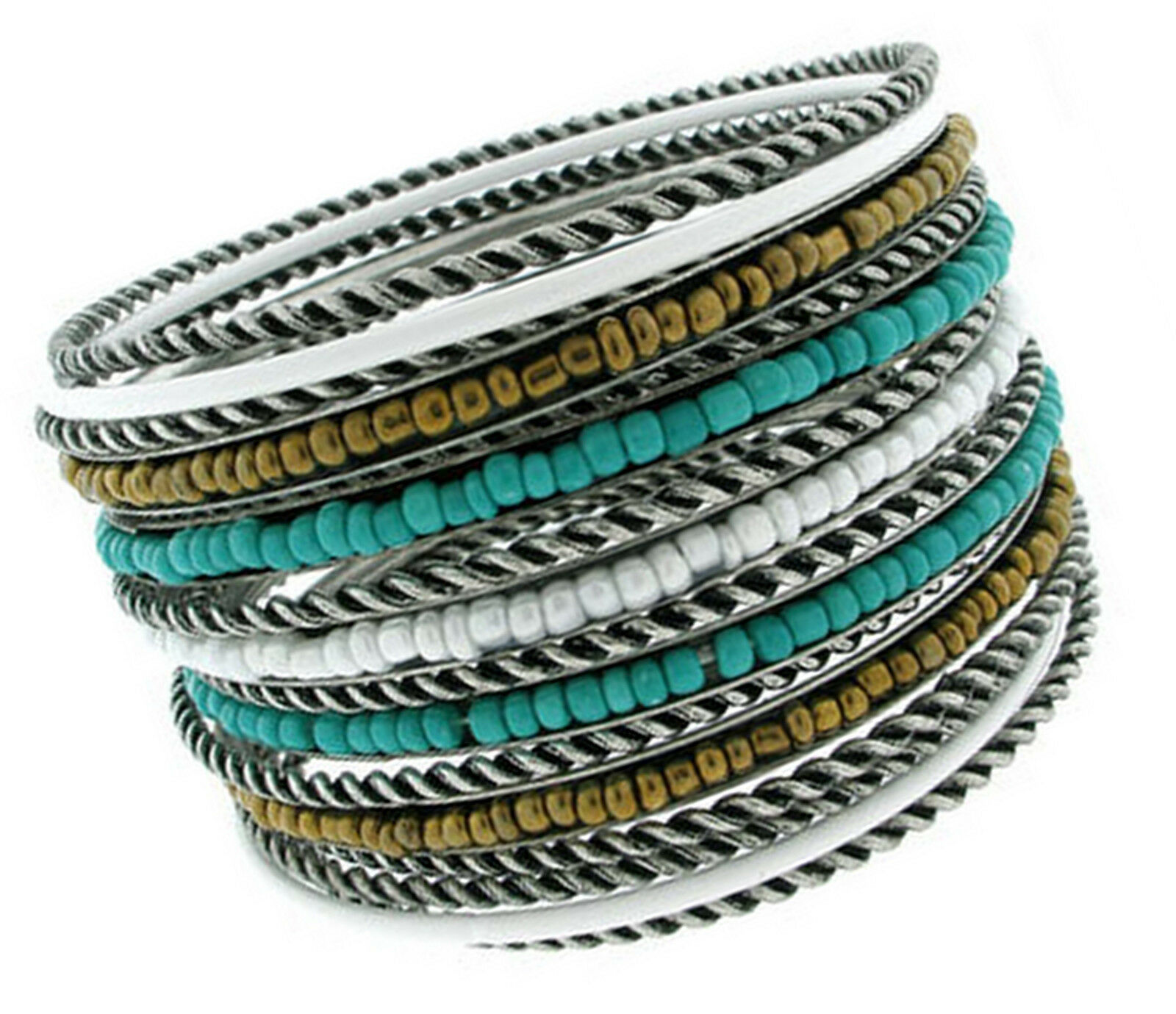 Cable Twisted Oxidized Silver Seed Bead Turquoise White Bangle Bracelet Set 15 - $14.95