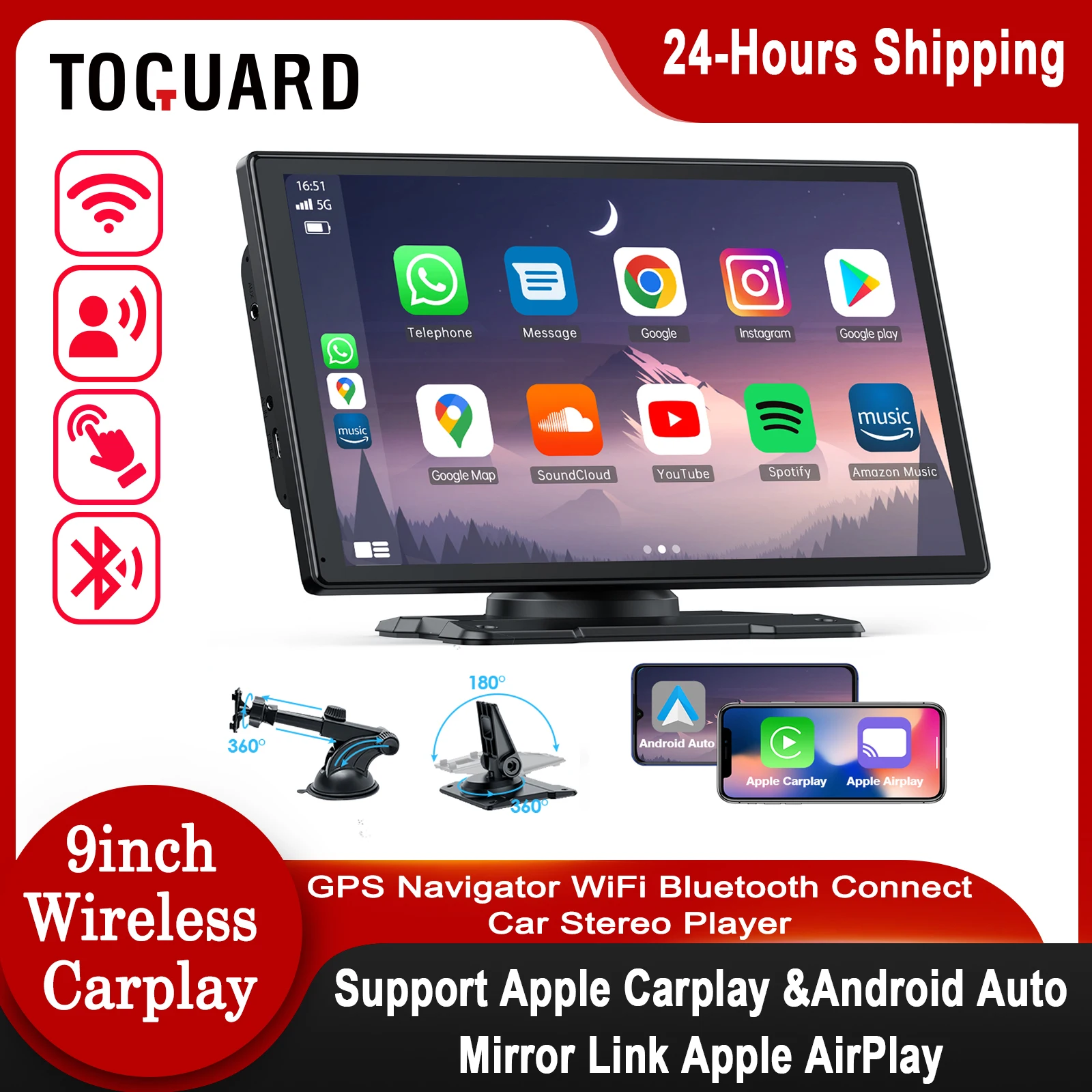 TOGUARD 9inch Car stereo Carplay Player Wireless Apple Mirror Link&amp; Android Auto - £97.48 GBP+
