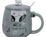 Grey Calico Cat Love Music Coffee Mug Cup With Spoon And Kitten Knob Lid... - £14.06 GBP